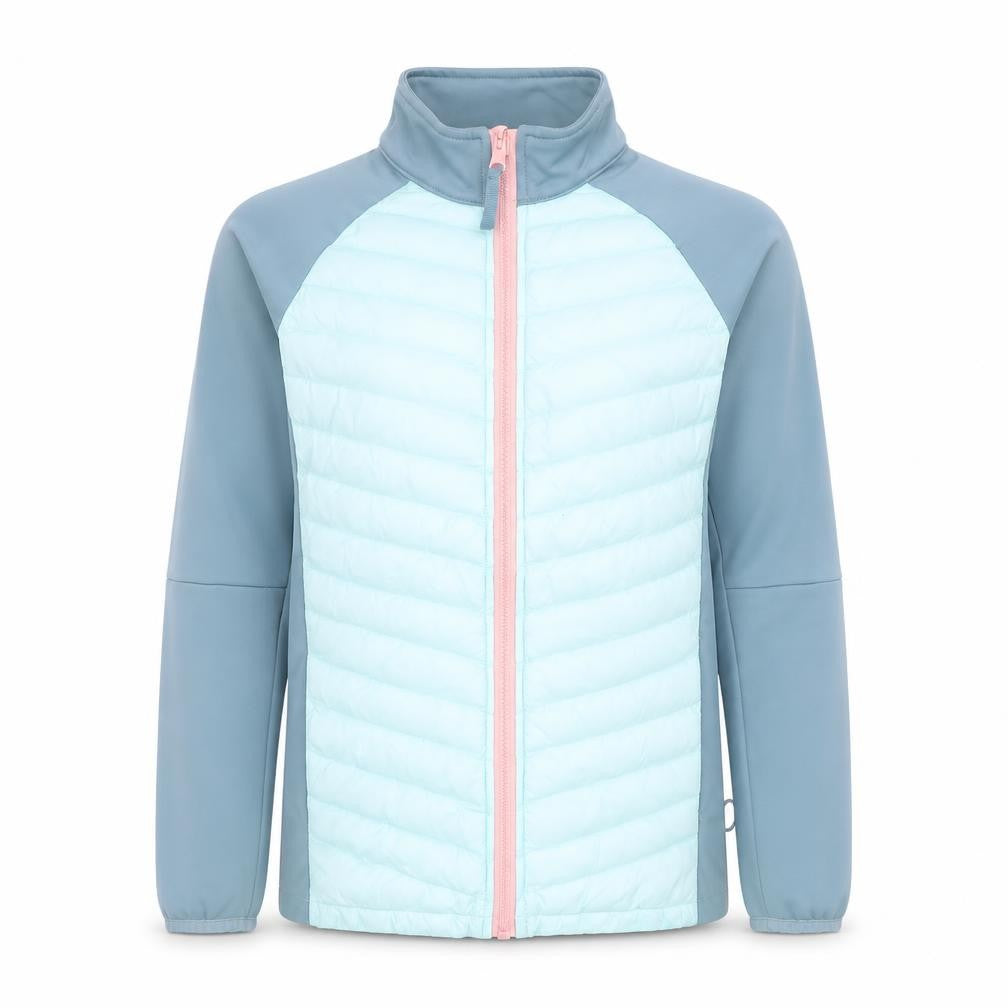 Front view of Mountain Warehouse girls’ blue softshell puffer jacket 11-12 years lightweight zip