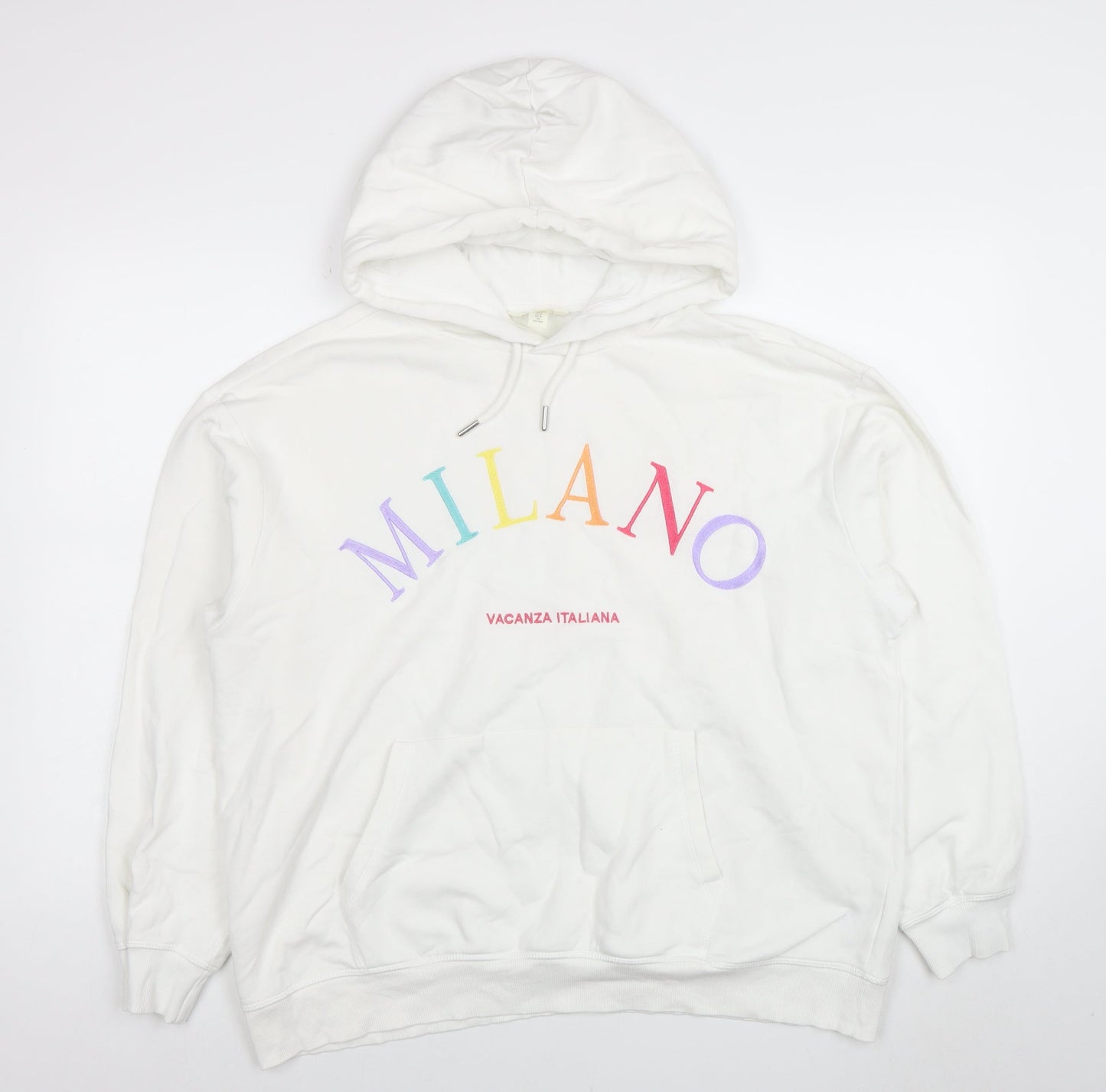 H&M Women White Milano Graphic Pullover Hoodie Size 12 Cotton Blend