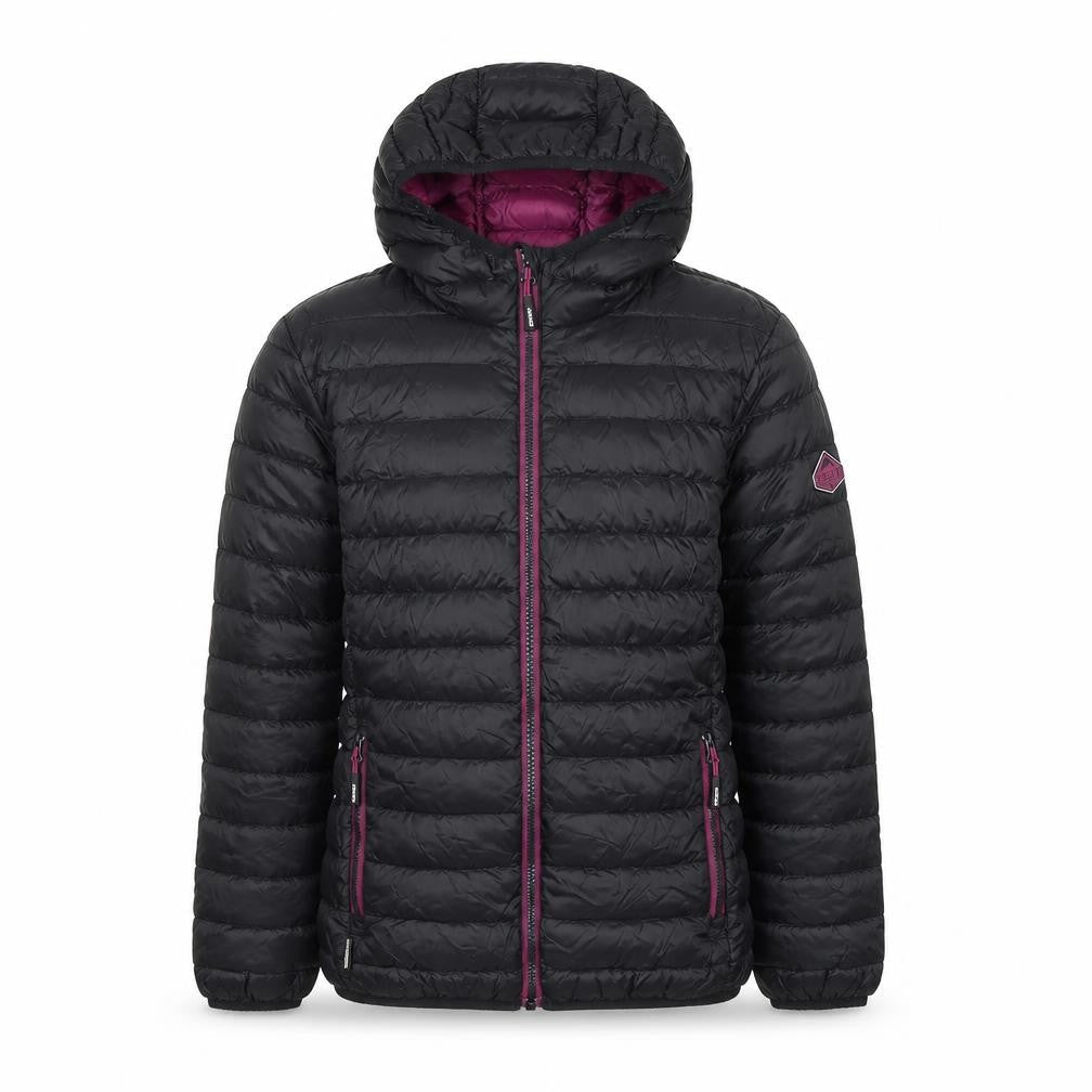 Front view of Surfanic girls’ black hooded puffer jacket 14 years down insulated outerwear