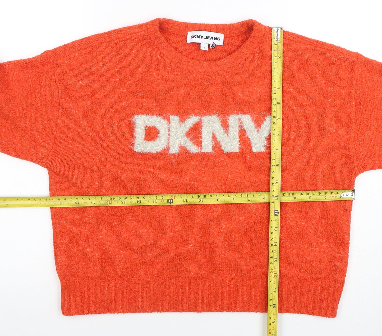 DKNY Jeans Womens Orange Crew Neck Logo Knit Jumper Size M