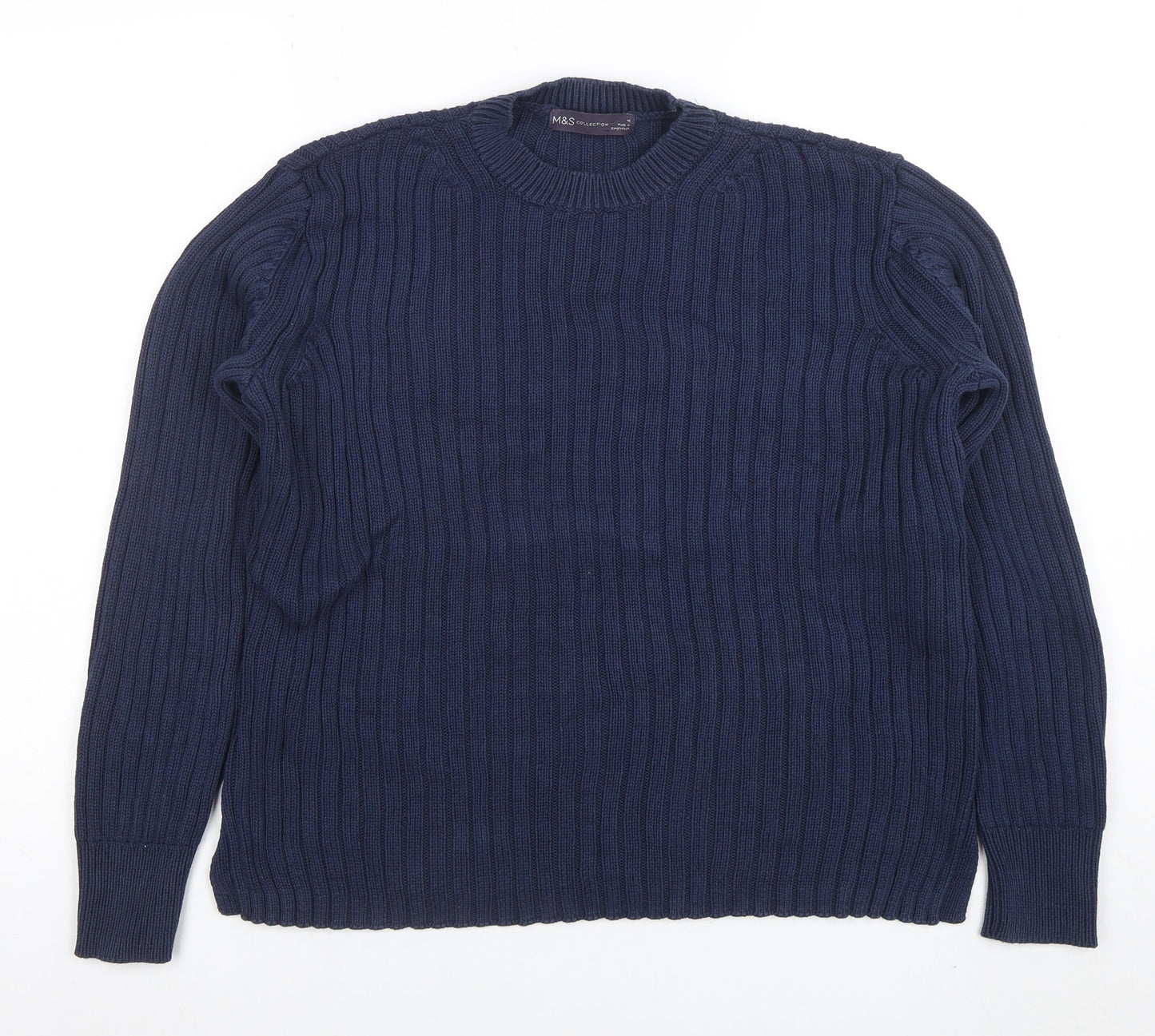 Marks and Spencer Women's Blue Ribbed Cotton Jumper Size 10