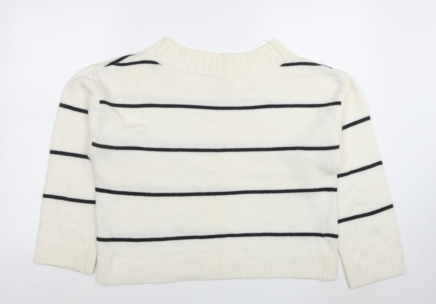 H&M Women’s White Striped Wool Blend Crew Neck Pullover Jumper Size M