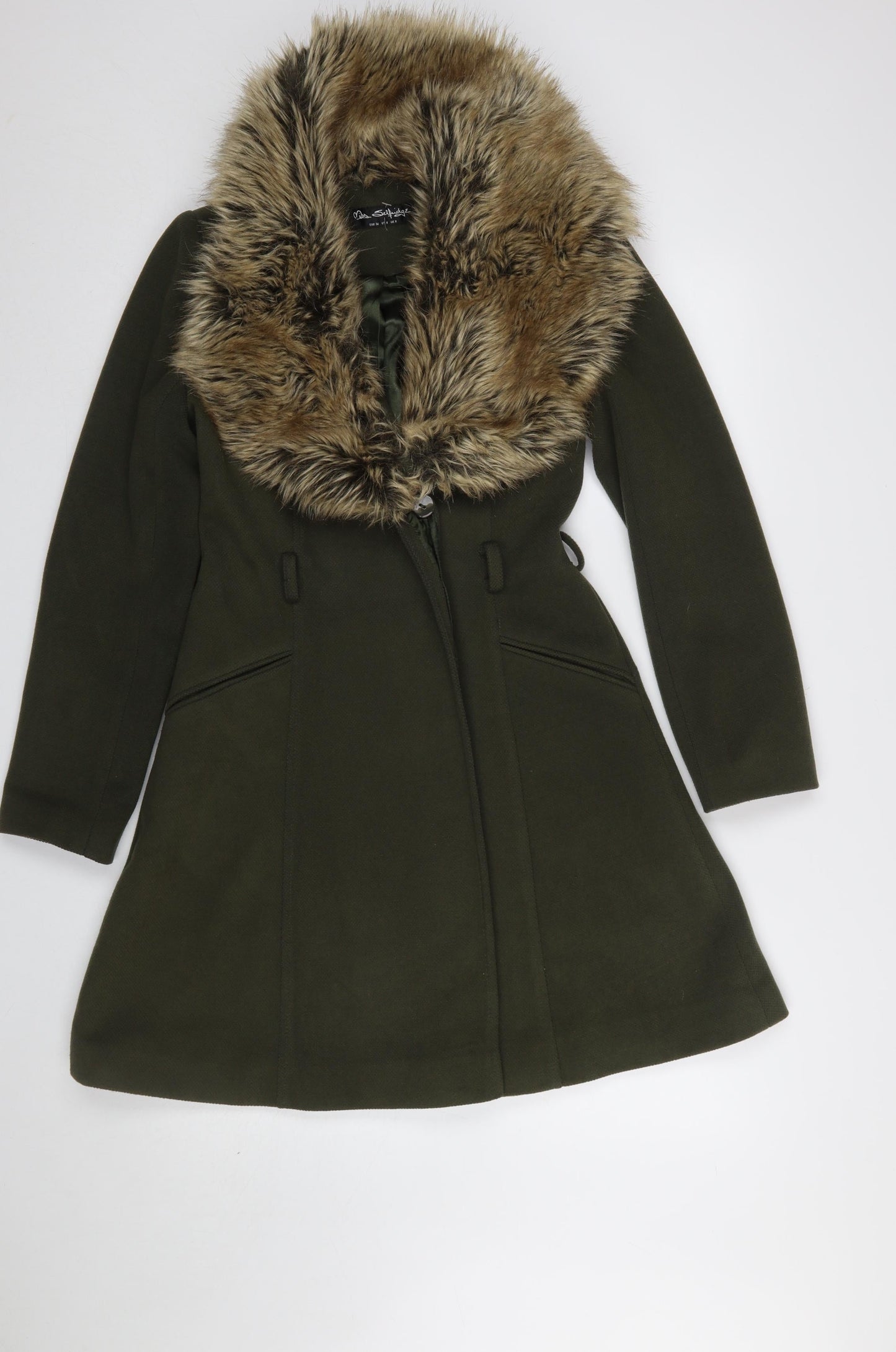 Miss Selfridge Women’s Green Wool Blend Fur Trim Long Coat UK 8