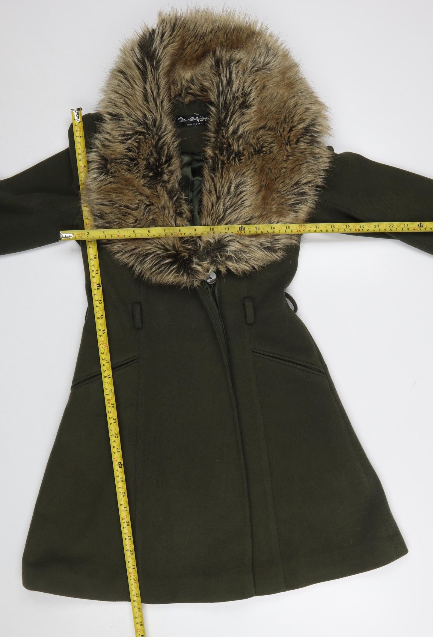 Miss Selfridge Women’s Green Wool Blend Fur Trim Long Coat UK 8
