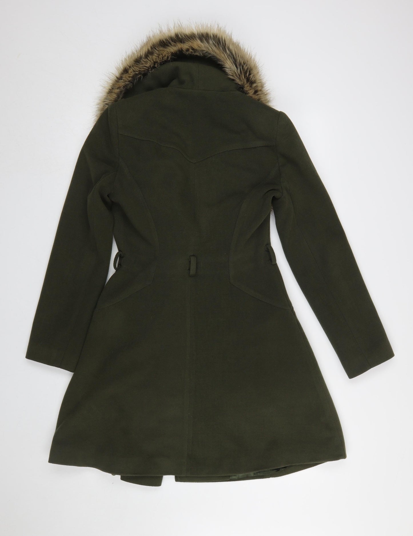 Miss Selfridge Women’s Green Wool Blend Fur Trim Long Coat UK 8