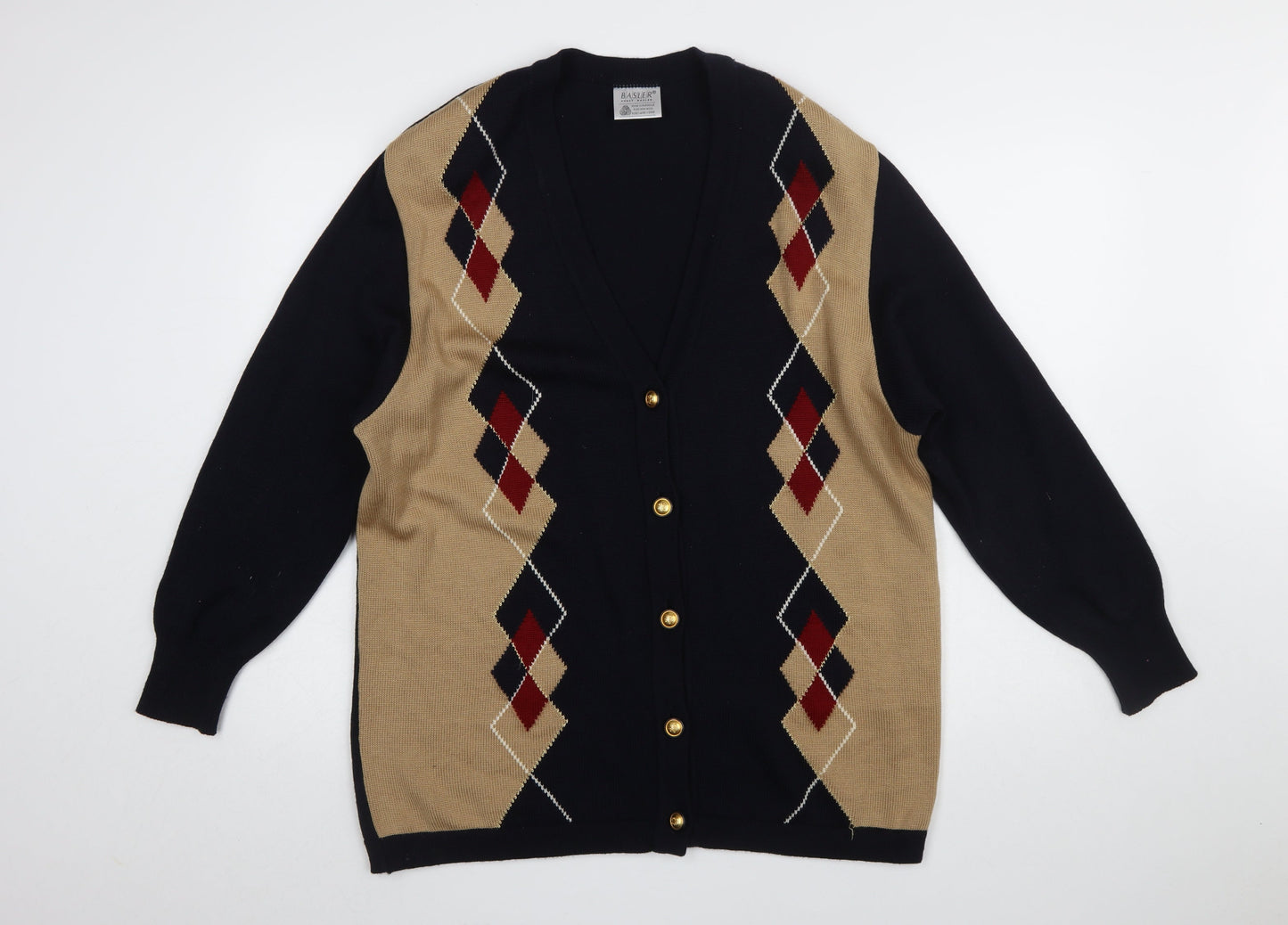 Basler Womens Beige Black Argyle Wool V-Neck Long Sleeve Cardigan Size 16