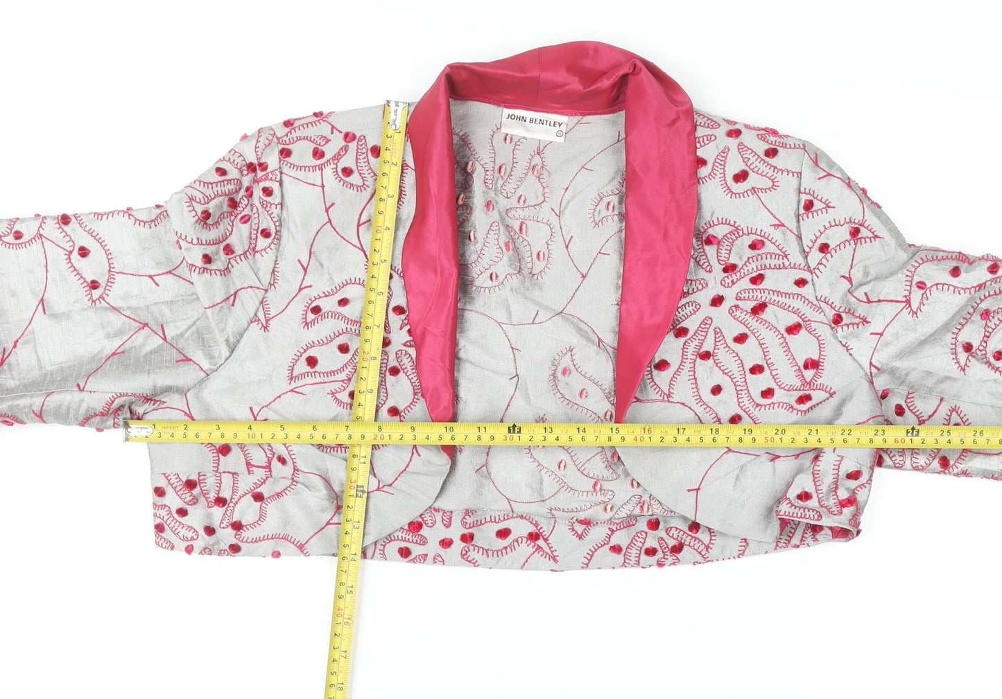 John Bentley Women’s Grey Pink Embroidered Silk Cropped Blazer Size 16