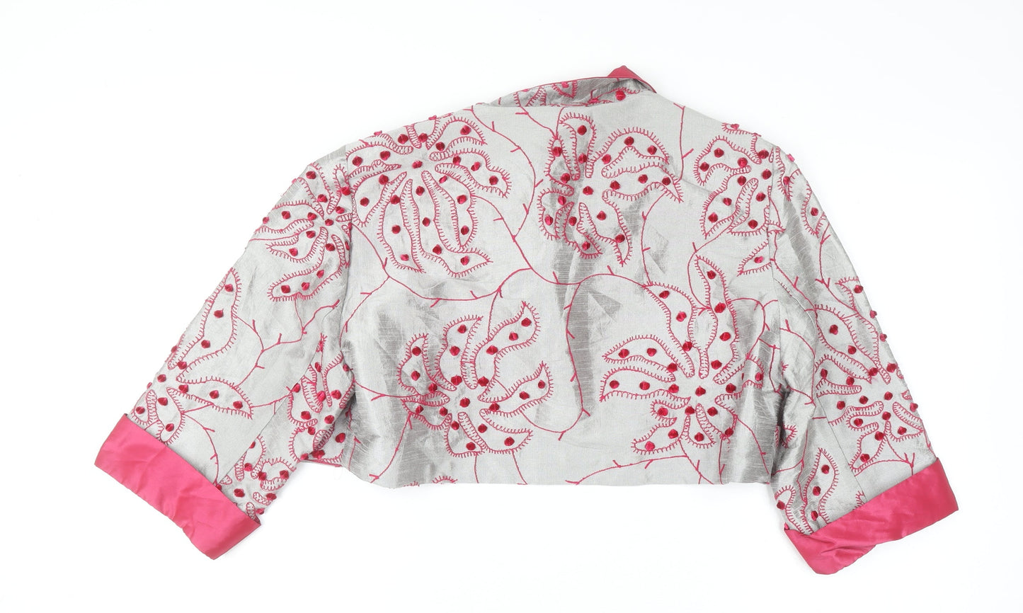 John Bentley Women’s Grey Pink Embroidered Silk Cropped Blazer Size 16