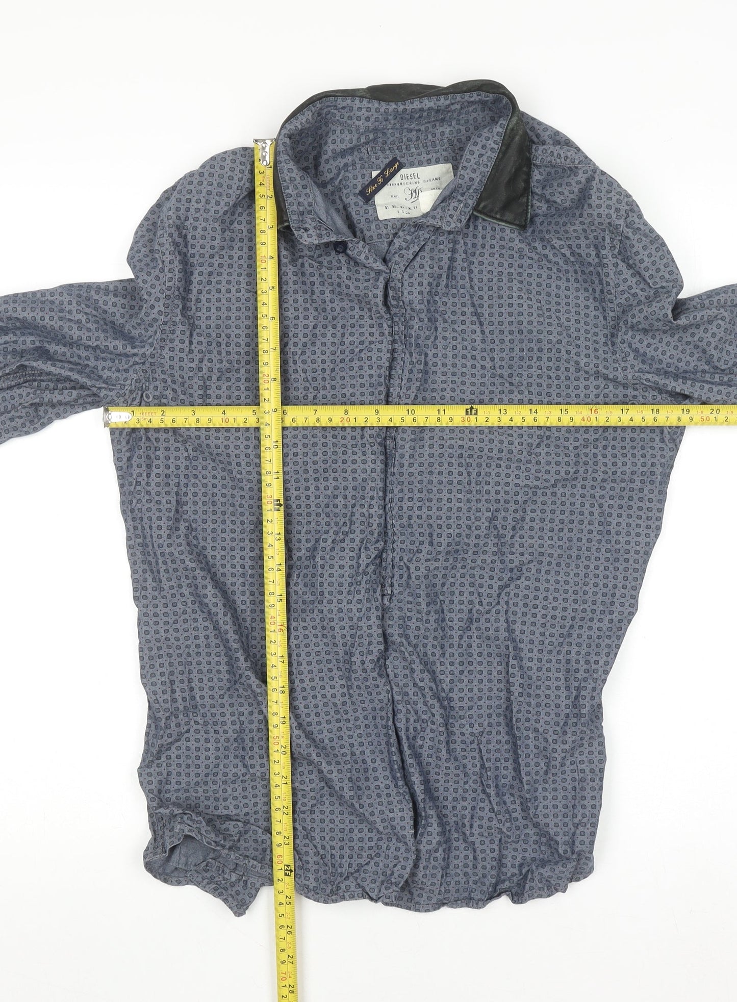 Diesel Men's Blue Geometric Cotton Long Sleeve Button-Up Shirt XL