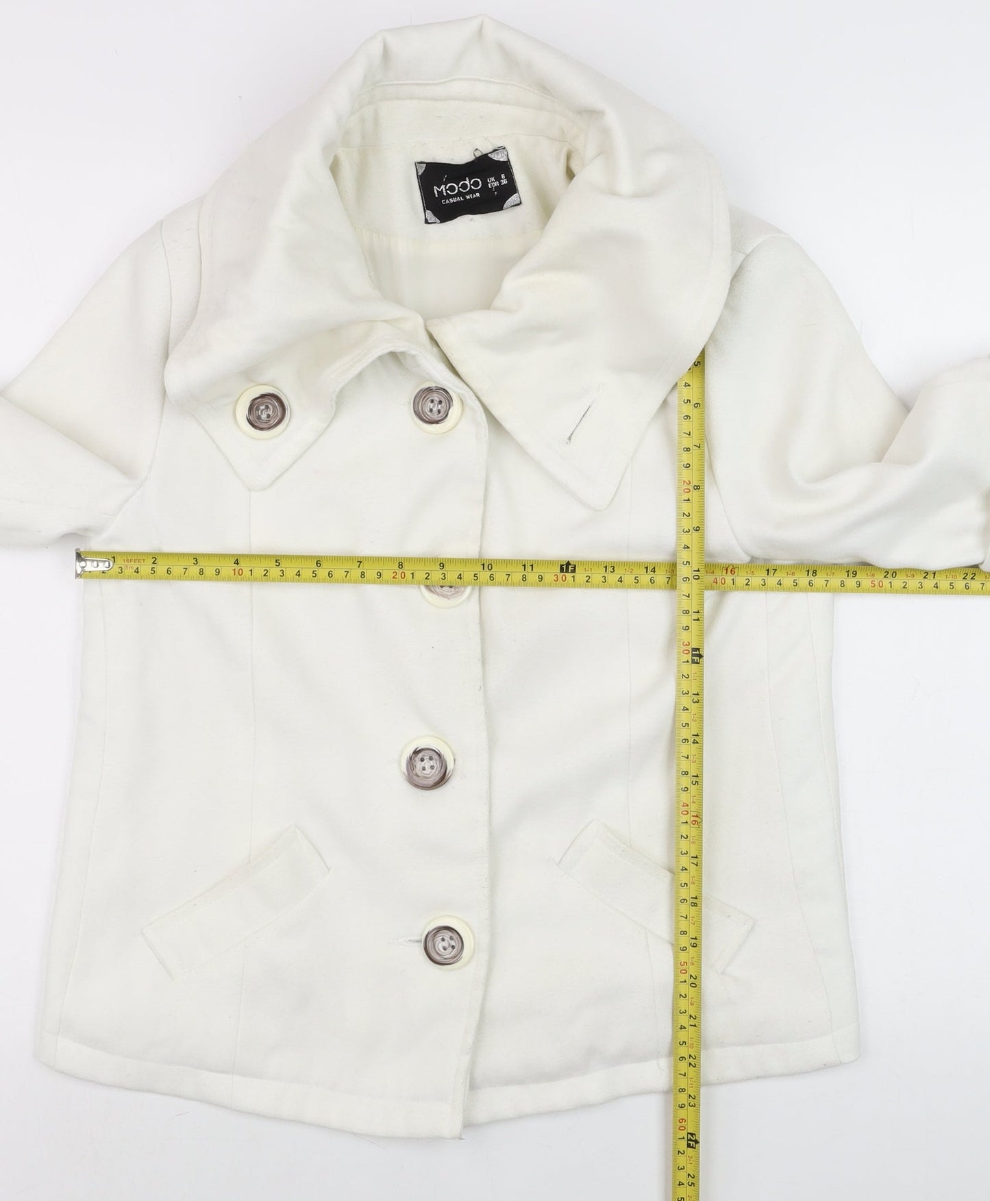 Modo Women Ivory Short Pea Coat Size 6 Classic Button Wool Blend