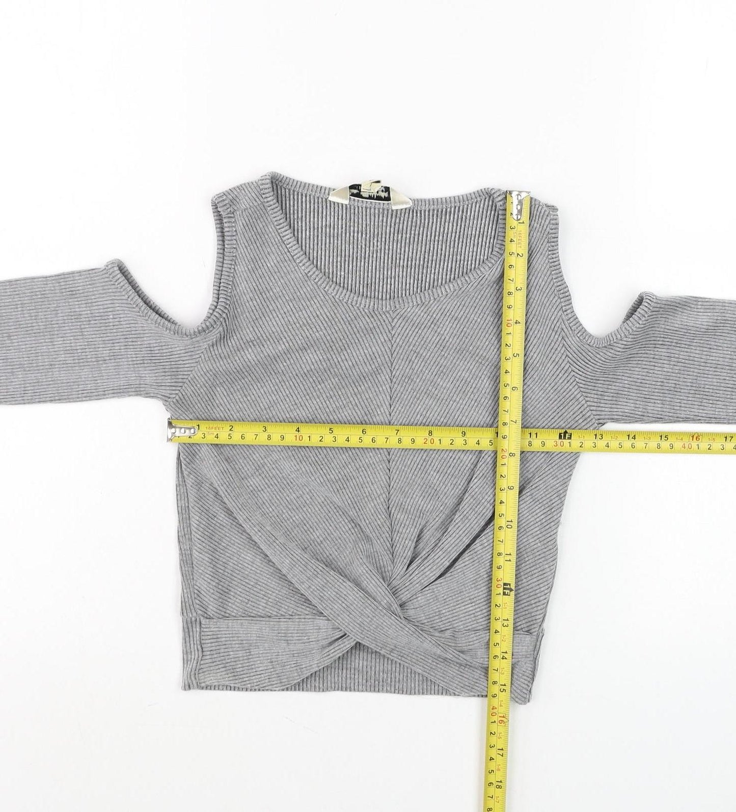 Collectif Women’s Grey Cold Shoulder Twist Front Cropped Top Size 8