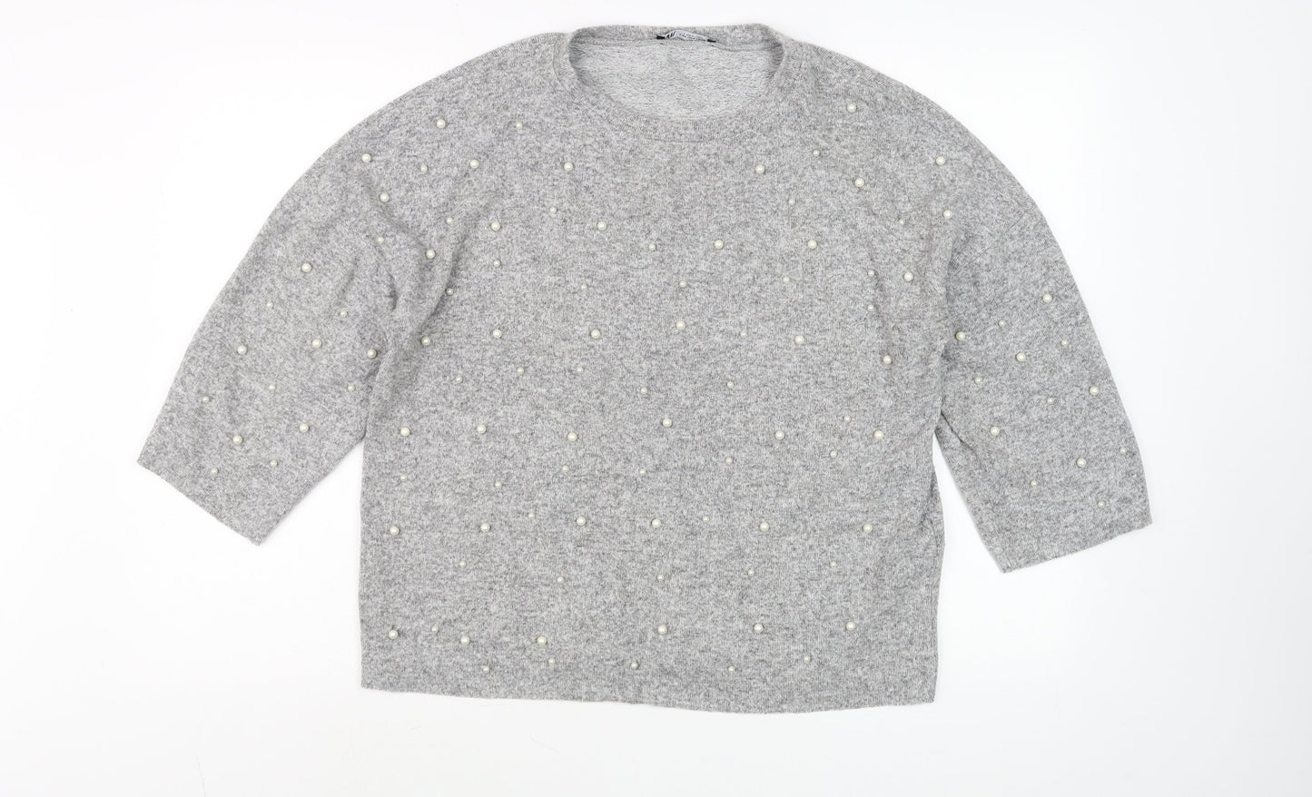 Zara Women Grey Beaded Knit Jumper Size S 3/4 Sleeve Classic Pullover