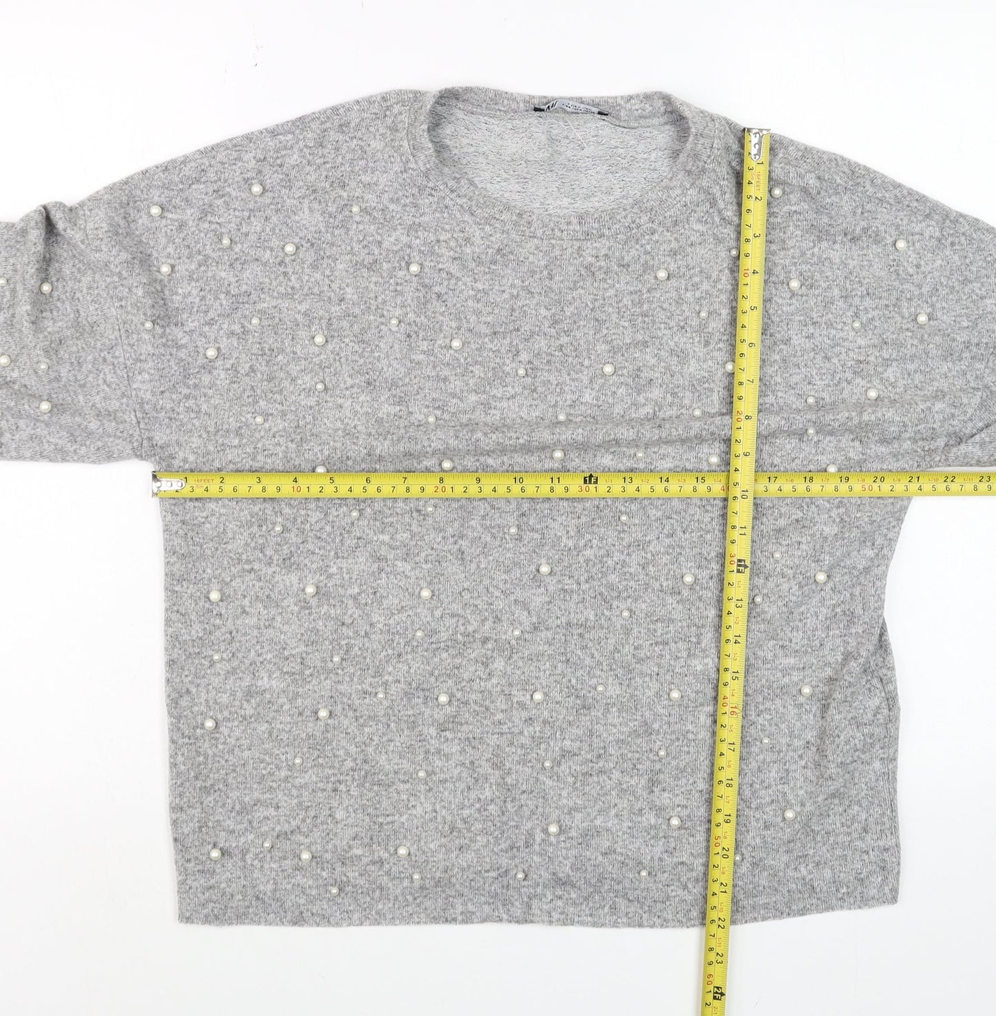 Zara Women Grey Beaded Knit Jumper Size S 3/4 Sleeve Classic Pullover