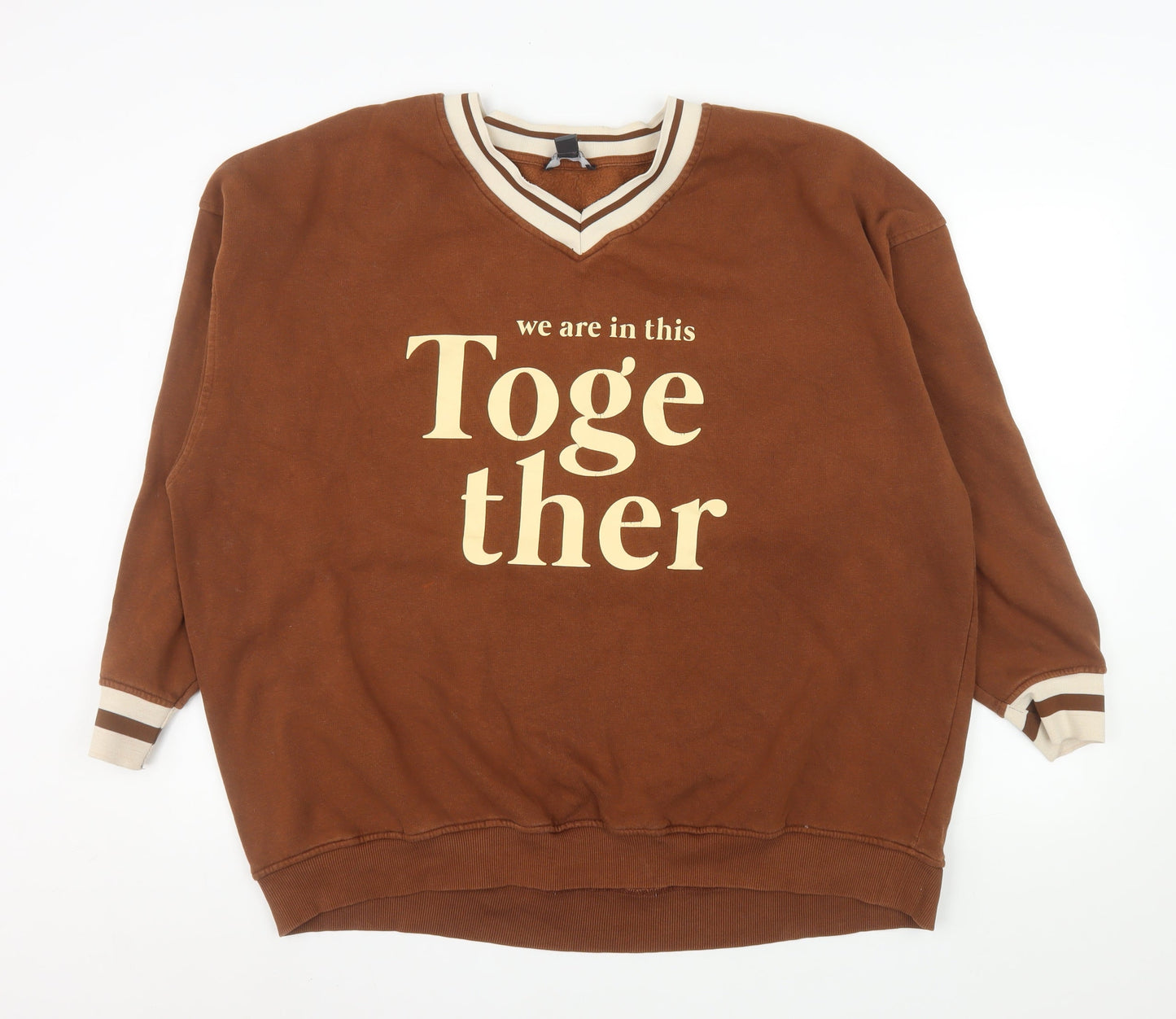 Primark Womens Brown V-Neck Pullover Sweatshirt XL Together Print