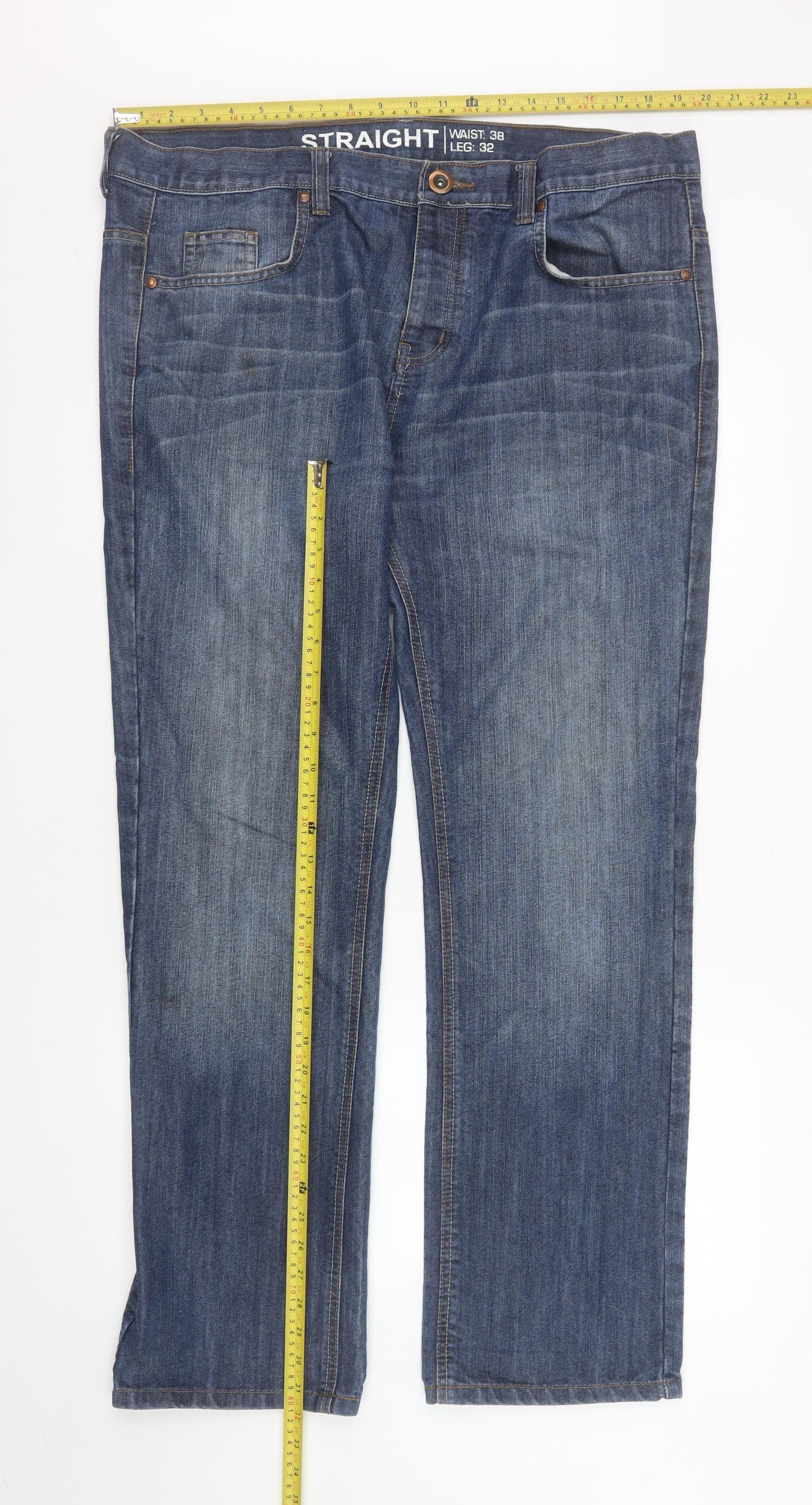 Denim Co. Men's Blue Straight Jeans 38W 32L Cotton Blend Classic Fit