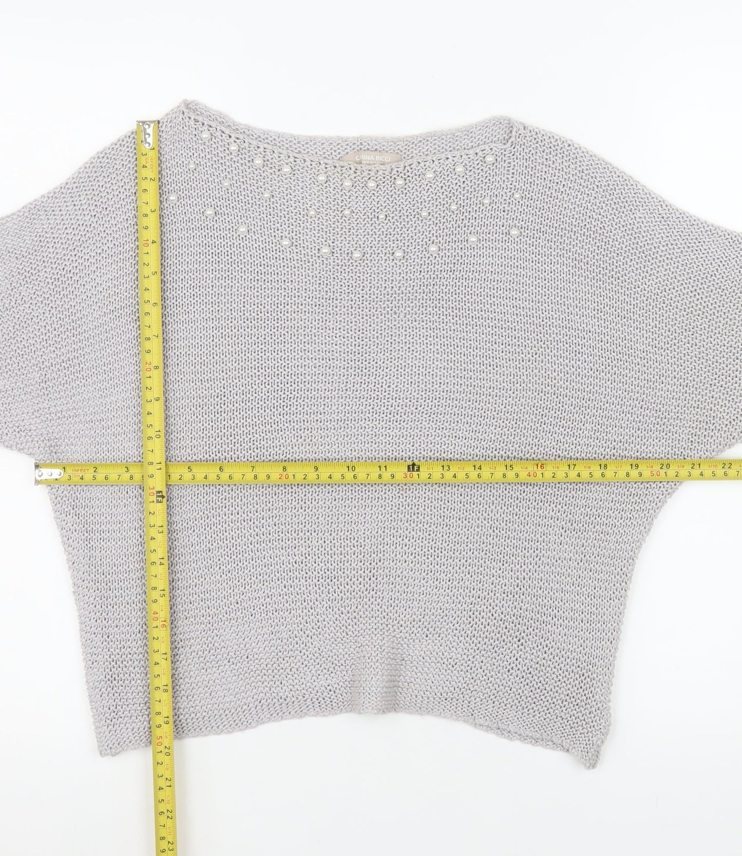 Carina Ricci Women Grey Beaded Knit Boat Neck Jumper Size S