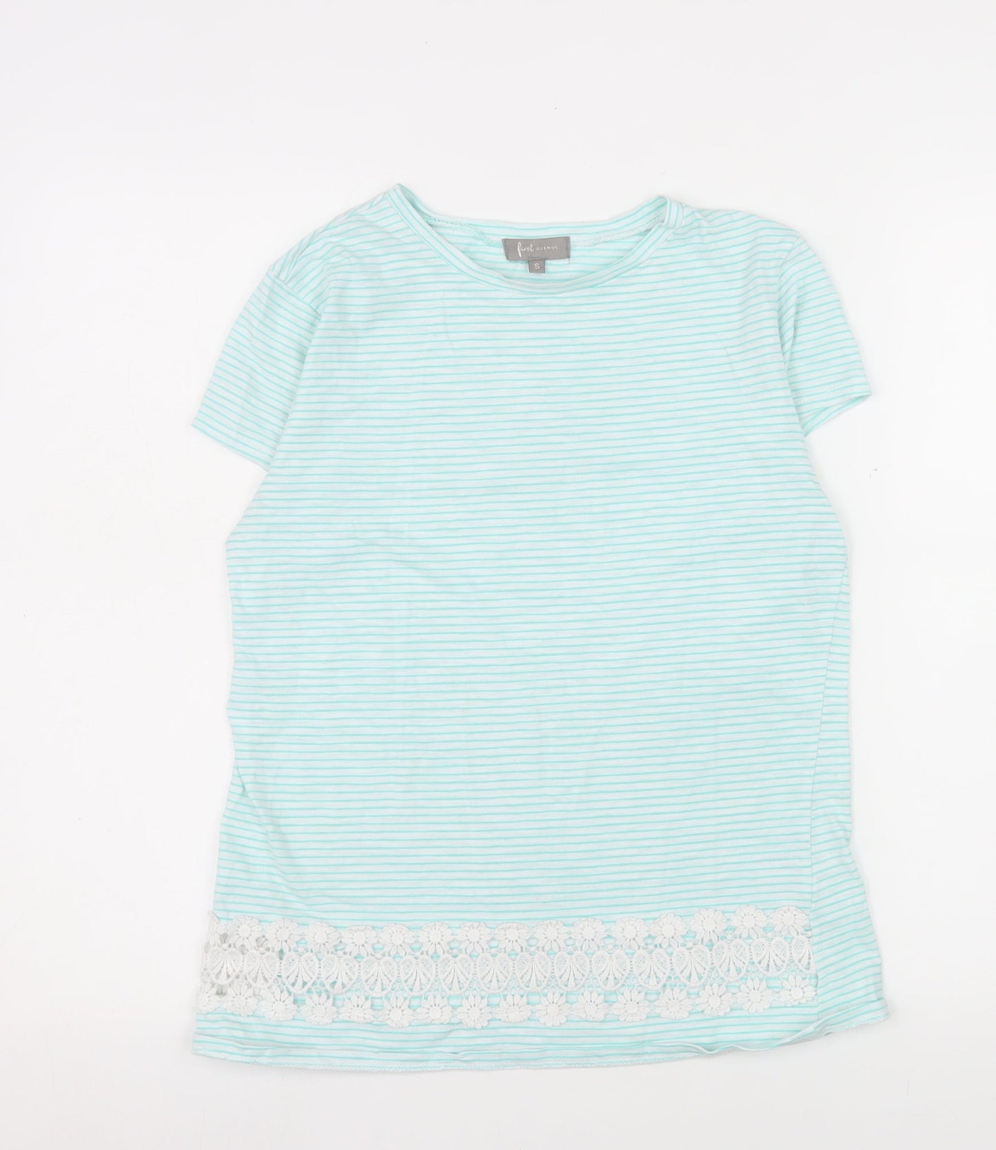 First Avenue Women Blue Striped Crochet Hem T-Shirt Size S