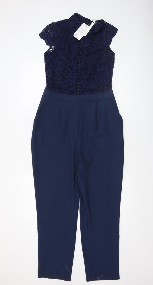 ASOS Women Navy Blue Lace Short Sleeve Jumpsuit UK 10