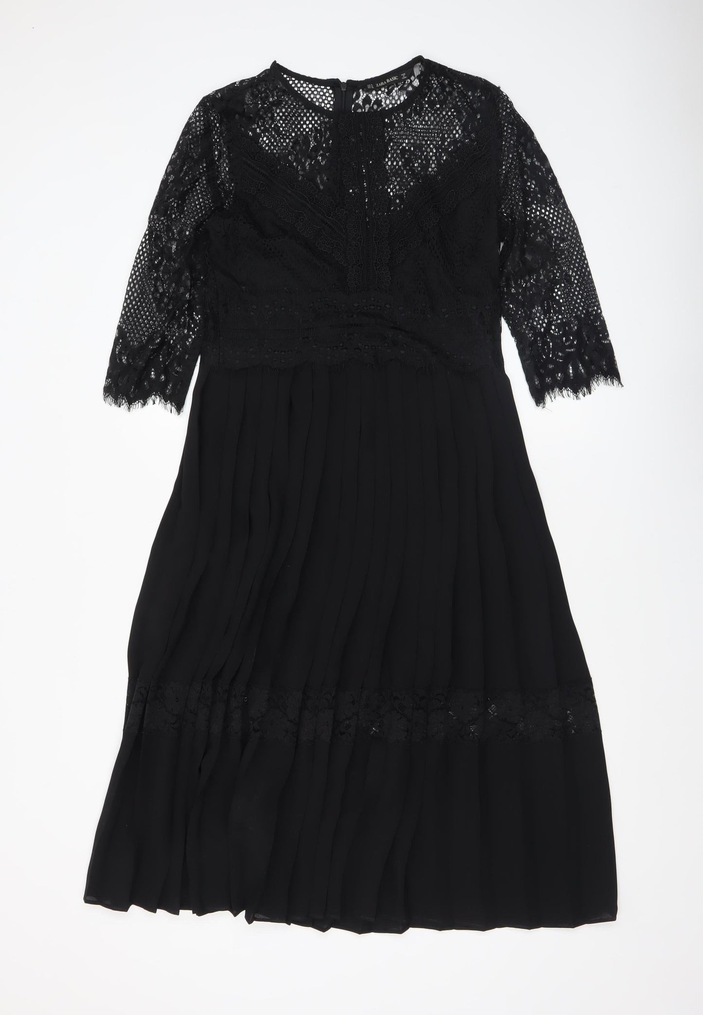 Zara Basic Women's Black Lace 3/4 Sleeve A-Line Dress Size 12