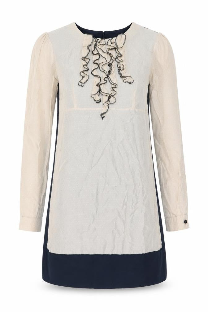 Fornarina Women Beige Shift Dress Size S Long Sleeve Ruffle Detail