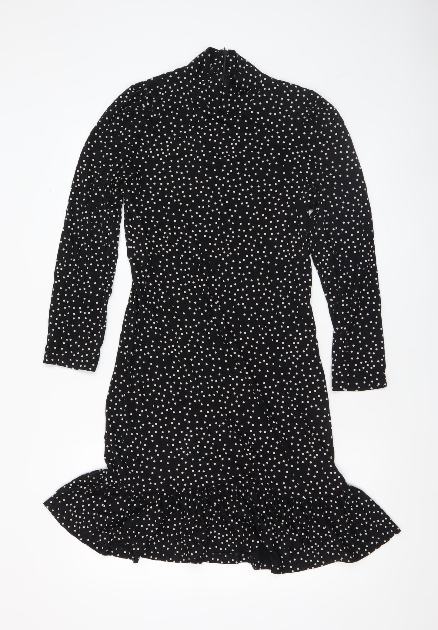 Whistles Women’s Black Polka Dot High Neck Ruffle Hem Bodycon Dress Size 12