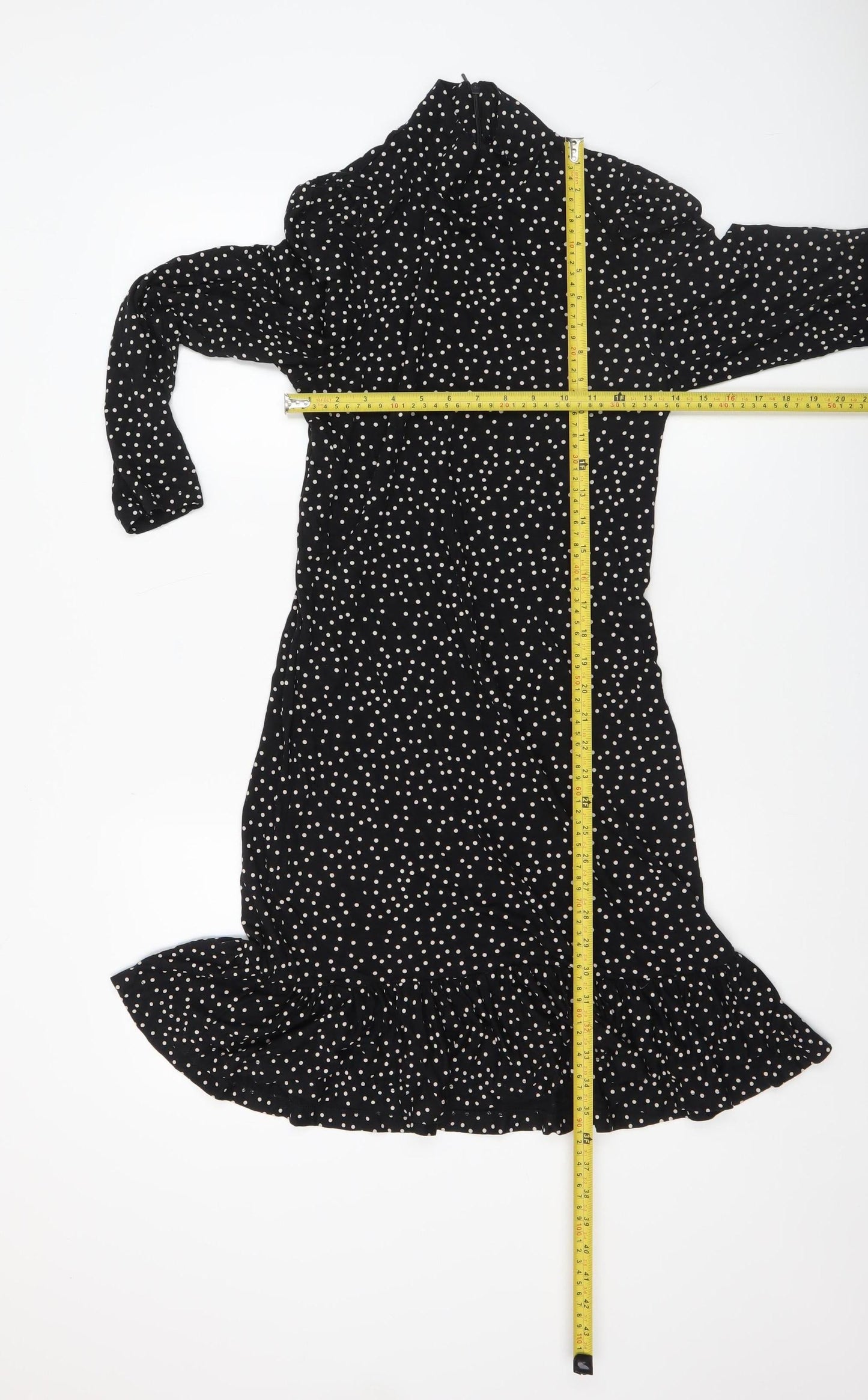 Whistles Women’s Black Polka Dot High Neck Ruffle Hem Bodycon Dress Size 12
