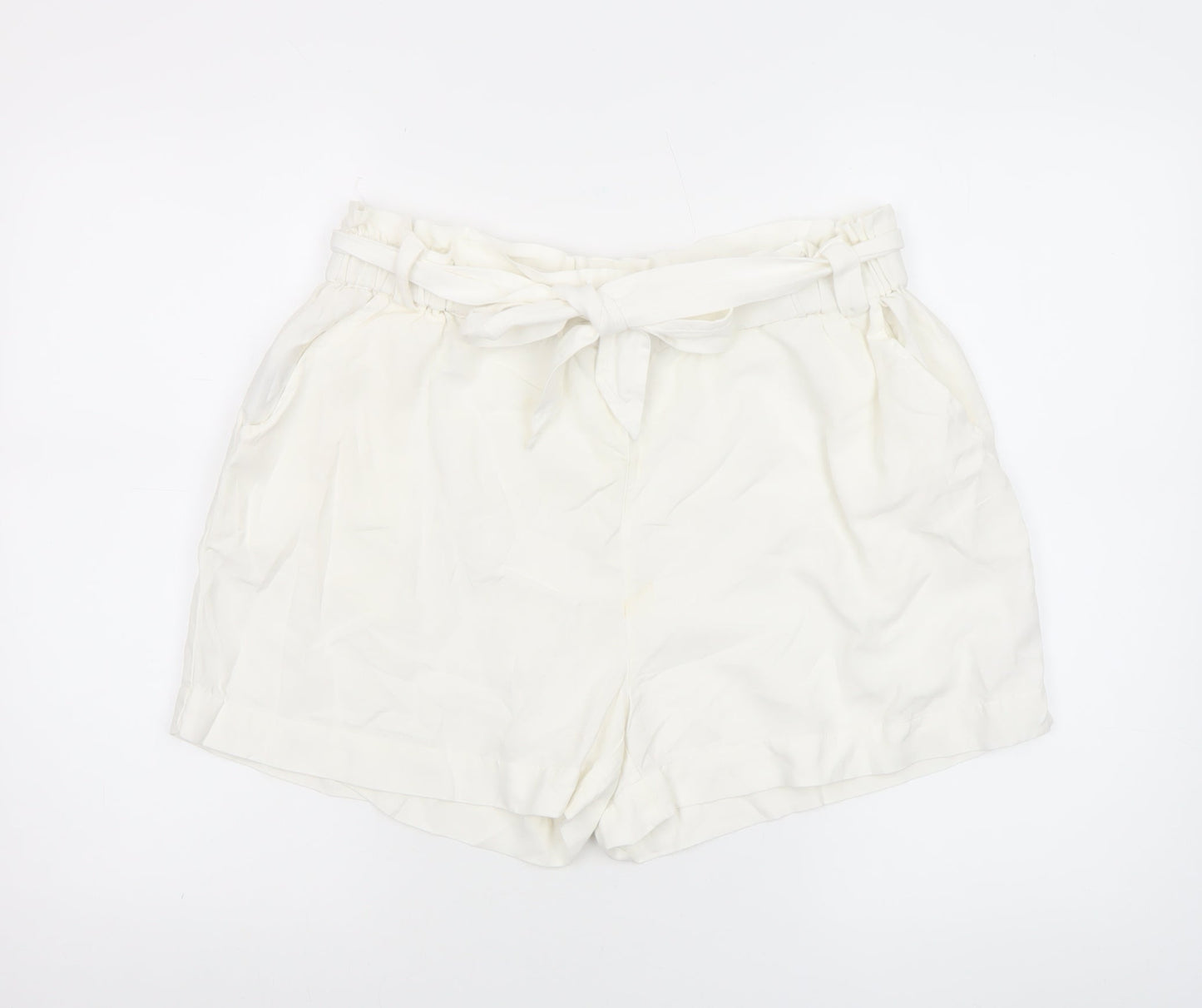 Mango Women’s Ivory Paperbag Cotton Linen Belted Shorts Size M