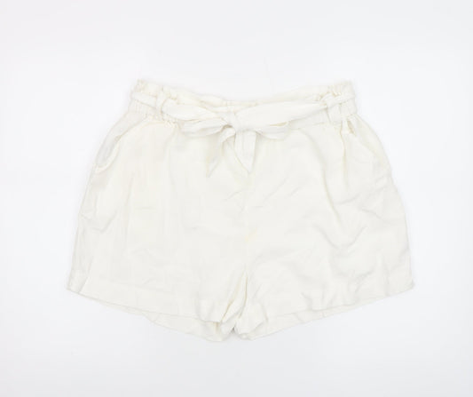 Mango Women’s Ivory Paperbag Cotton Linen Belted Shorts Size M