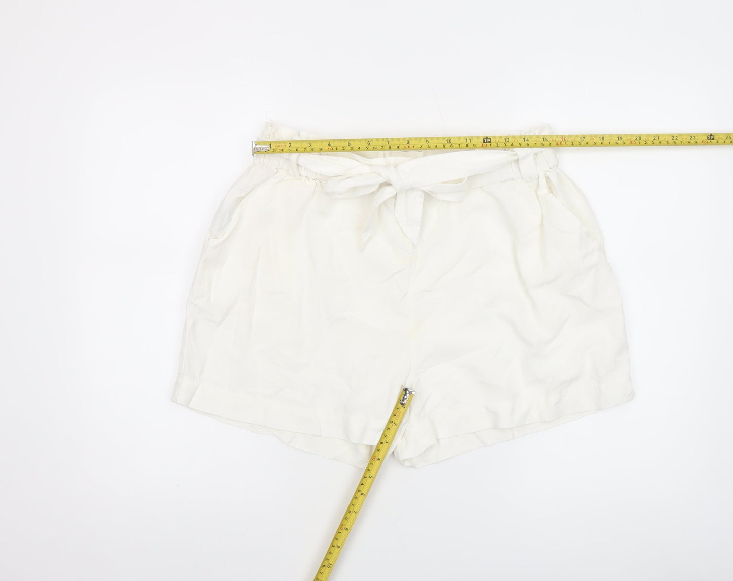 Mango Women’s Ivory Paperbag Cotton Linen Belted Shorts Size M