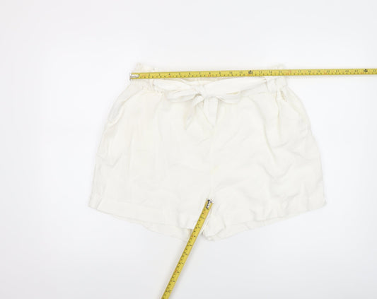 Mango Women’s Ivory Paperbag Cotton Linen Belted Shorts Size M