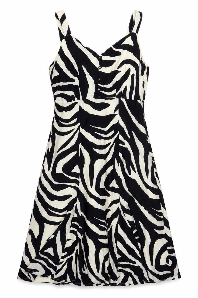 Jensen Women Black Zebra Print Silk Blend Sleeveless A-Line Dress Size 14