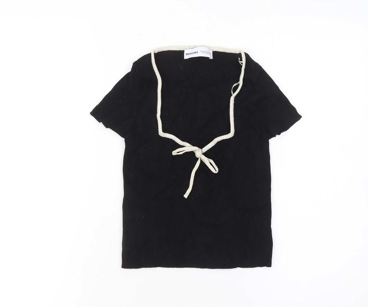 Bershka Women Black V-Neck Tie Knit T-Shirt Size 12