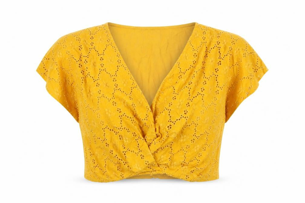 Zara Trafaluc Women's Yellow Cropped Lace V-Neck Short Sleeve Blouse Size S