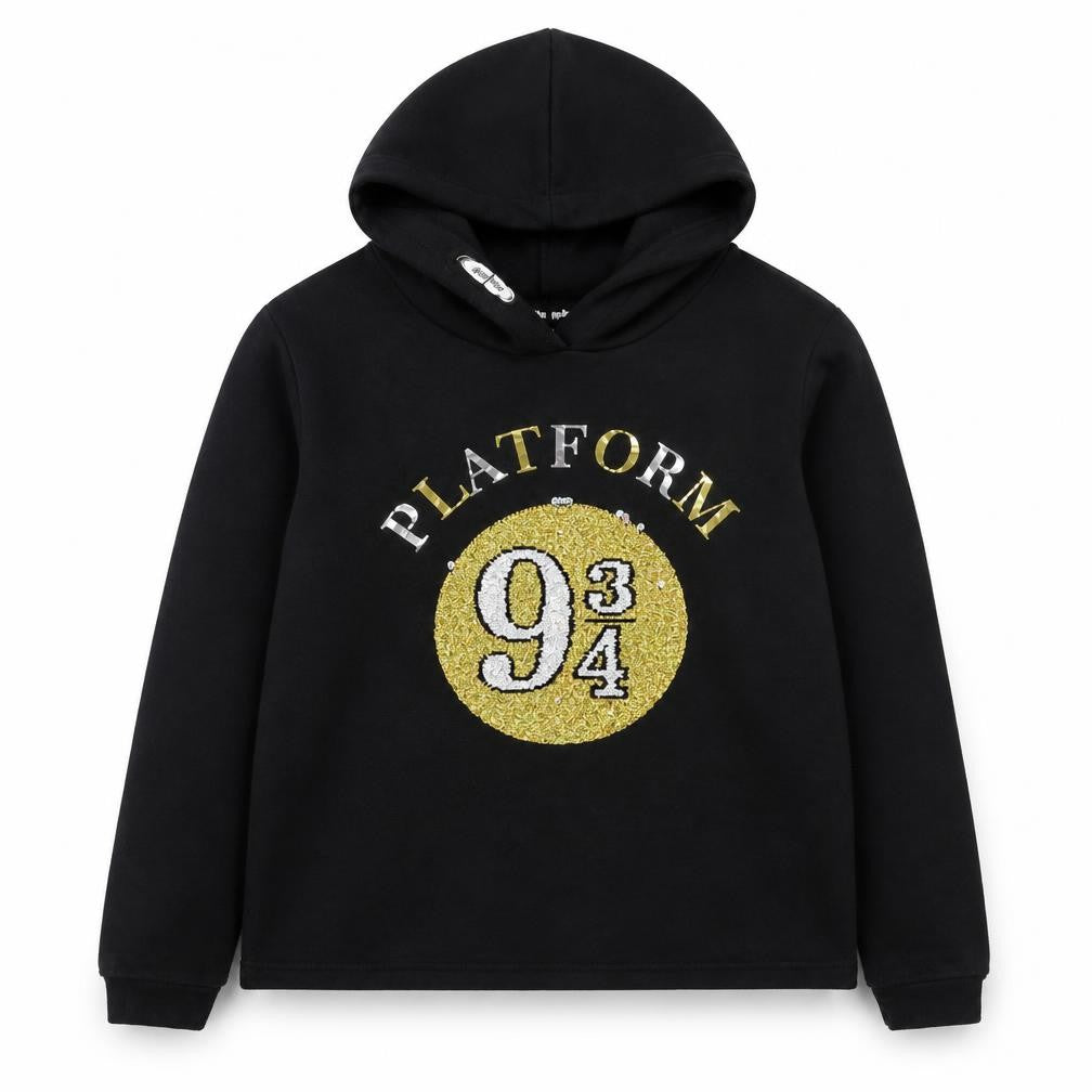 Front view of Harry Potter girls’ black sequin platform 9 3/4 pullover hoodie 13-14 years