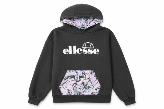 Ellesse Girls Black Hoodie 12-13 Years Pullover Marbled Pocket Cotton Blend