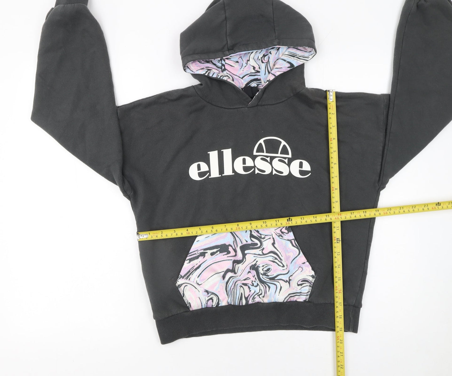 Ellesse Girls Black Hoodie 12-13 Years Pullover Marbled Pocket Cotton Blend