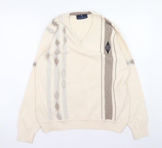 Pierre Sangan Men's Beige Wool Blend Argyle V-Neck Jumper Size M