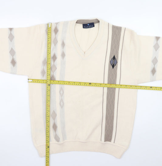 Pierre Sangan Men's Beige Wool Blend Argyle V-Neck Jumper Size M