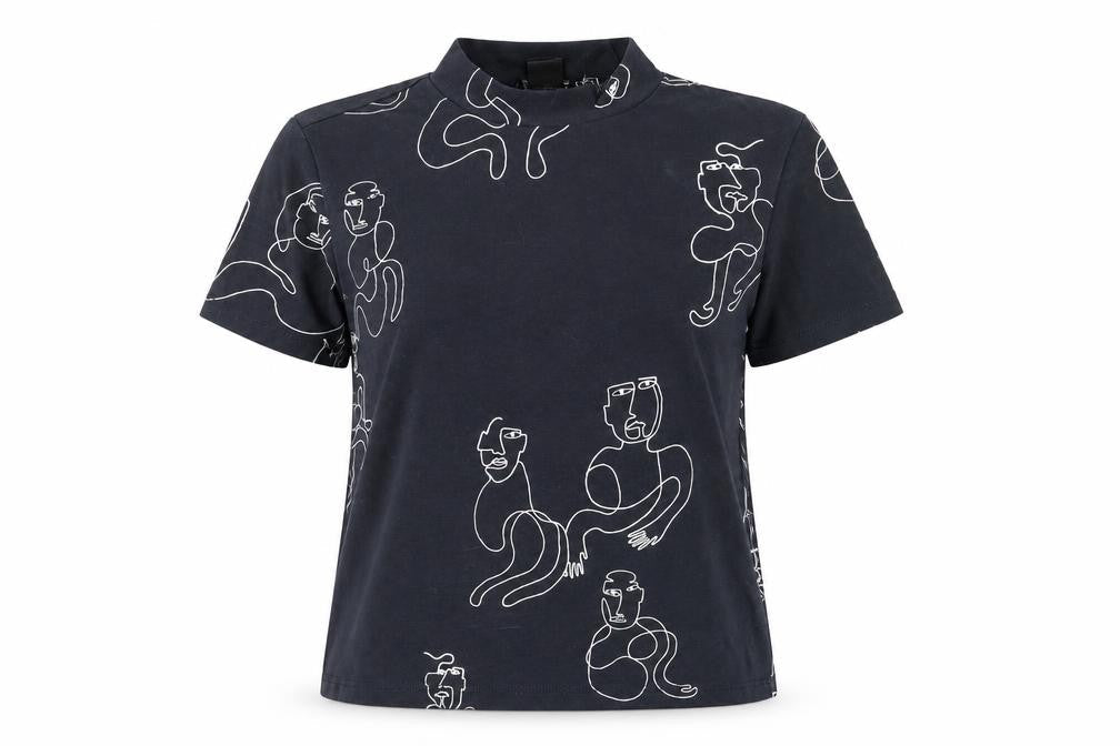 Monki Women Blue Art Print Mock Neck Short Sleeve Cotton T-Shirt S