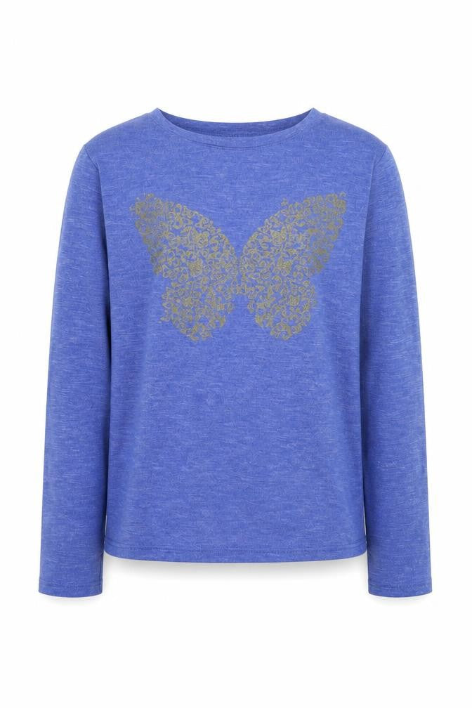 Front view of YD girls’ blue butterfly glitter long sleeve t-shirt 11-12 years