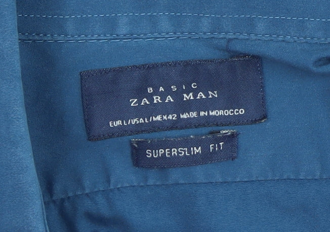 Zara Man Blue Extra-Slim Fit Long Sleeve Dress Shirt Size L
