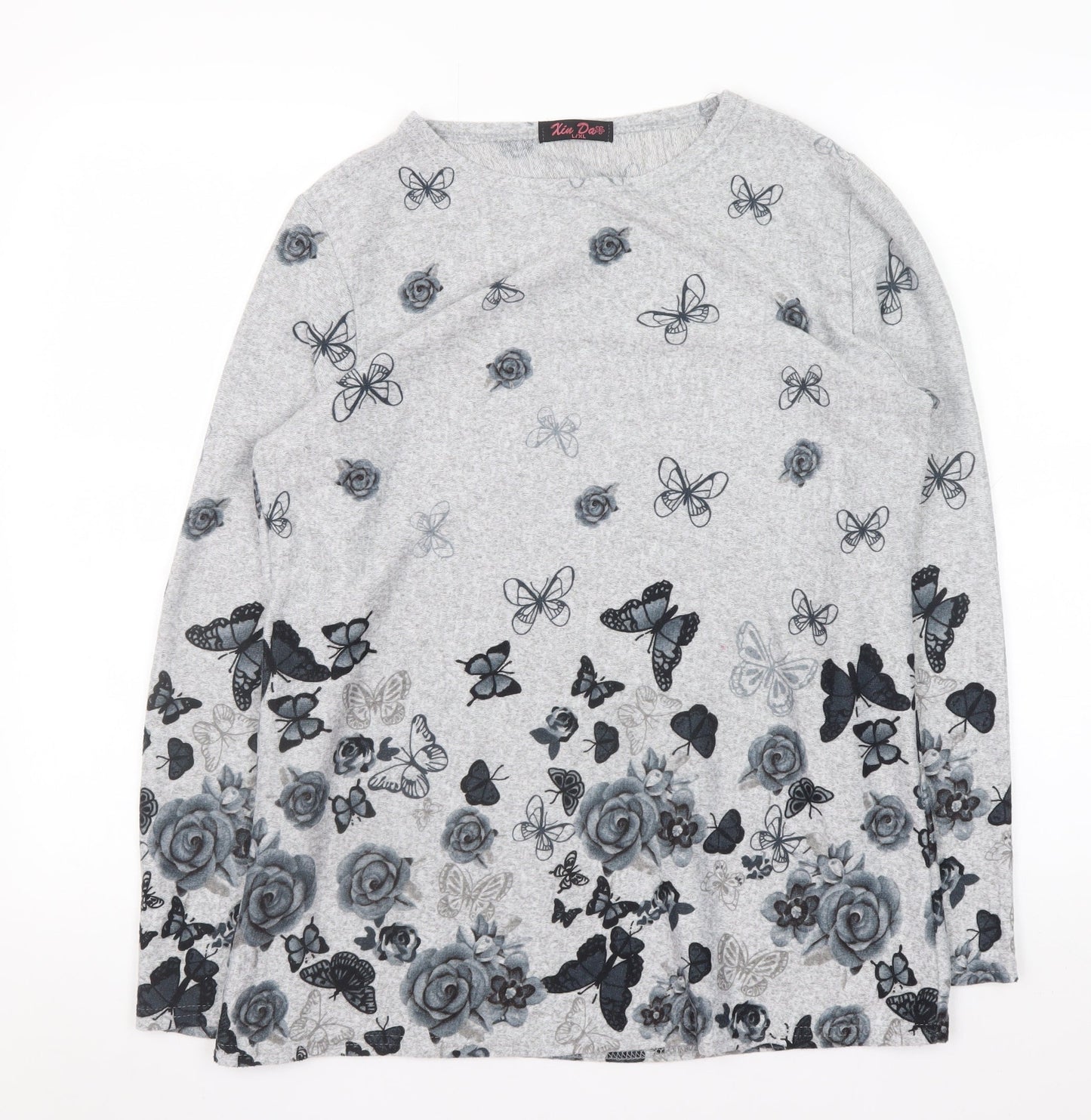Xin Da Women’s Grey Floral Butterfly Long Sleeve Pullover Jumper L/XL