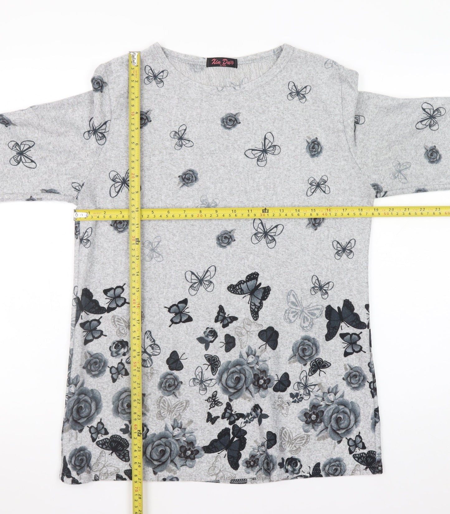 Xin Da Women’s Grey Floral Butterfly Long Sleeve Pullover Jumper L/XL