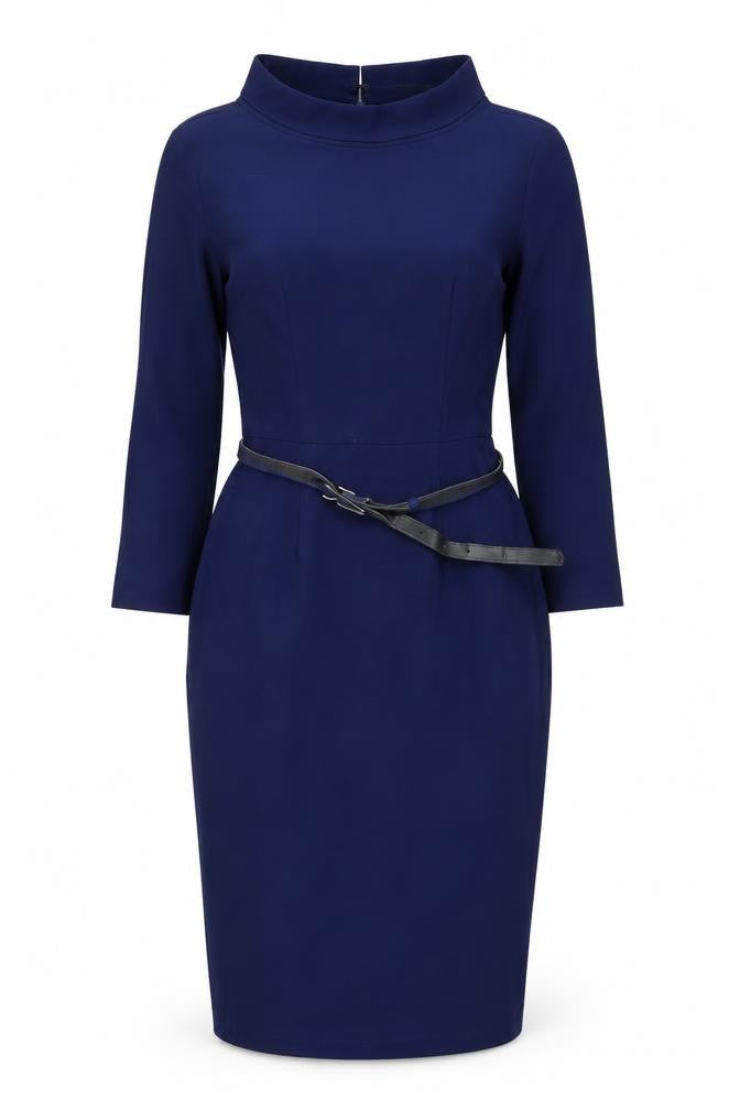 MUXXN Women Blue Bodycon Knee Length 3/4 Sleeve High Neck Work Dress Size S