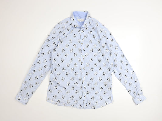 Jack & Jones Men's Blue Floral Long Sleeve Cotton Button-Up Shirt Size L 42