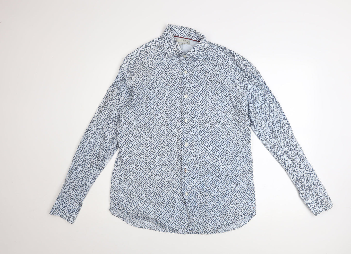 Mango Man Blue Slim Fit Geometric Cotton Long Sleeve Shirt M