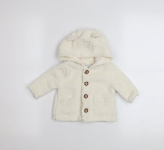 babyGap Unisex Ivory Fleece Hooded Button Coat 3-6 Months