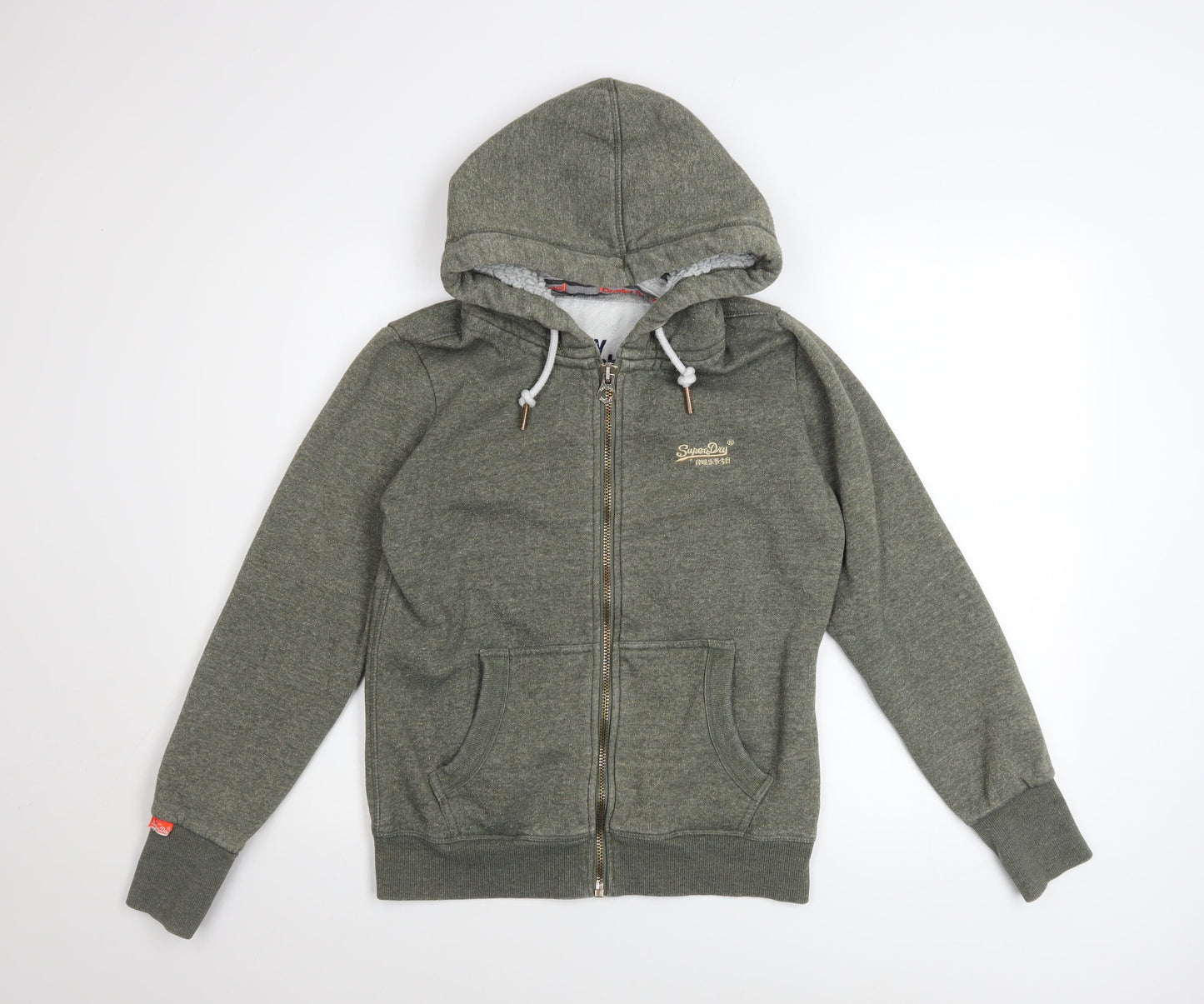 Superdry Women Green Full Zip Hoodie UK 14 Lined Glitter Logo Casual