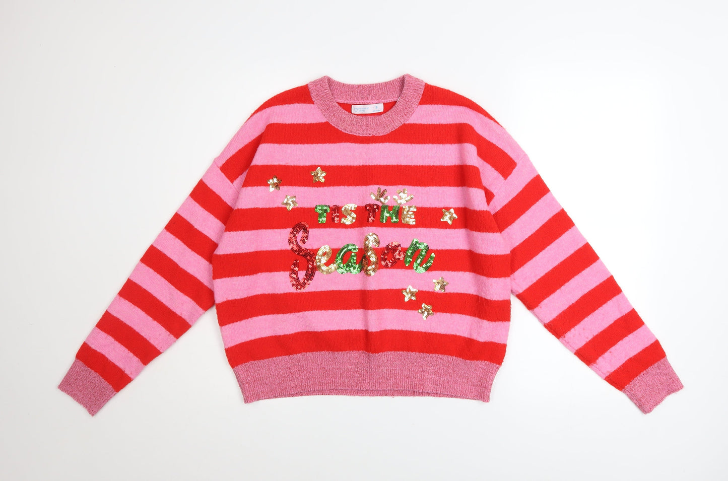 Primark Womens Red Pink Striped Sequin Christmas Jumper Size S