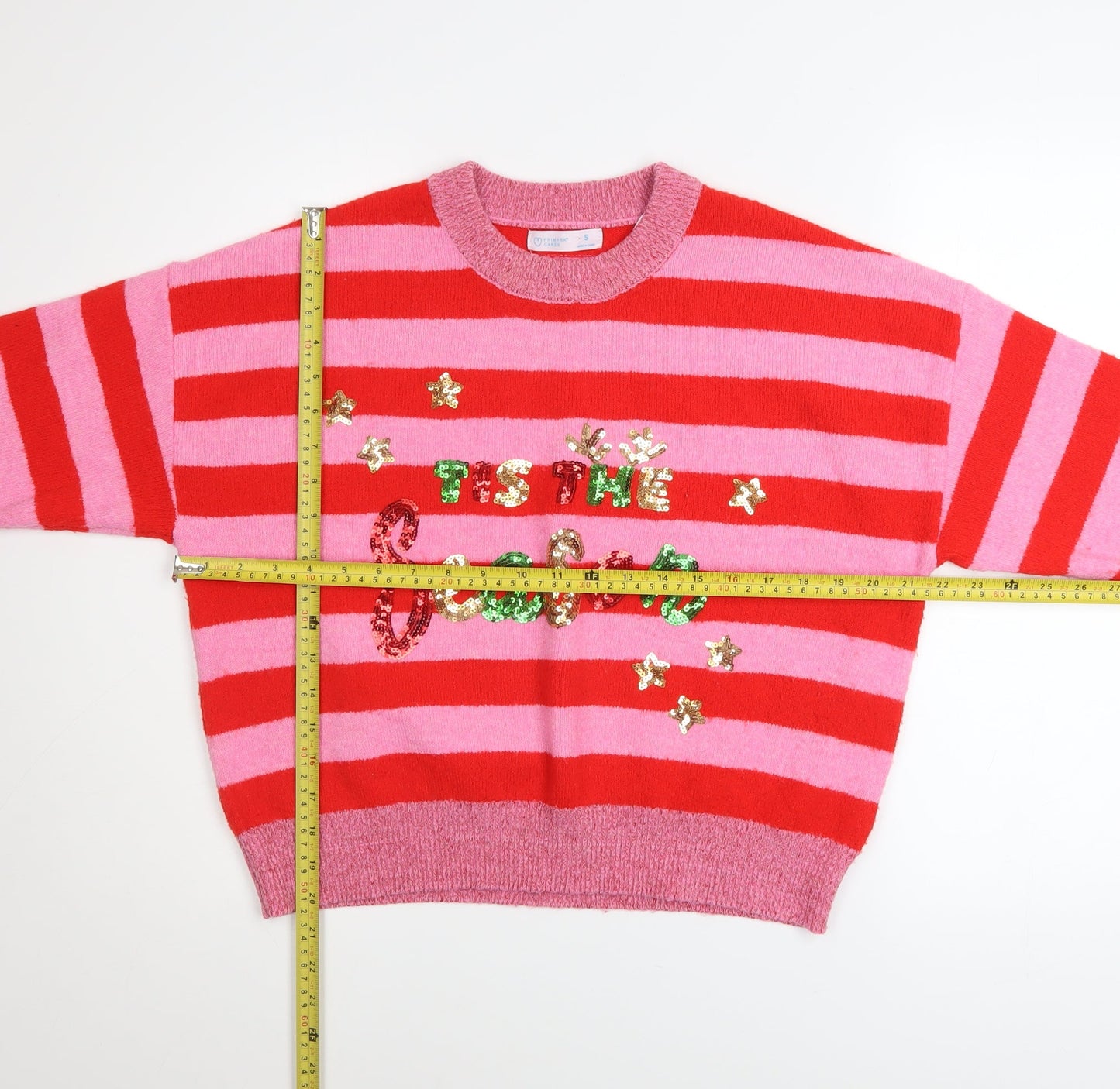 Primark Womens Red Pink Striped Sequin Christmas Jumper Size S